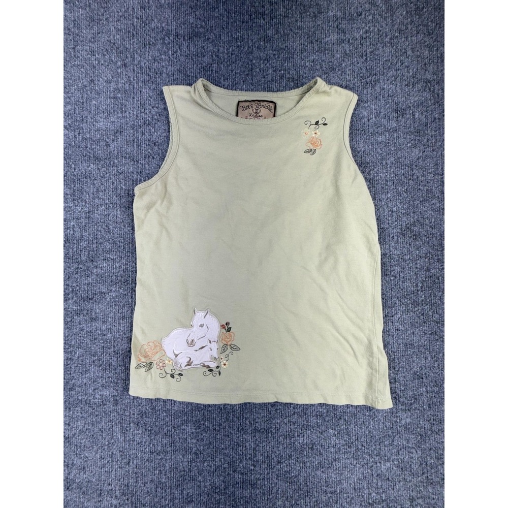 Bit & Bridle Tank Top Womens Medium Green Embroidered Horse Floral Sleeveless